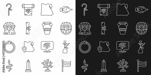 Set line Flag Of Egypt, Hookah, Egyptian pharaoh, Map of, Papyrus scroll, Sphinx, Crook and vase icon. Vector