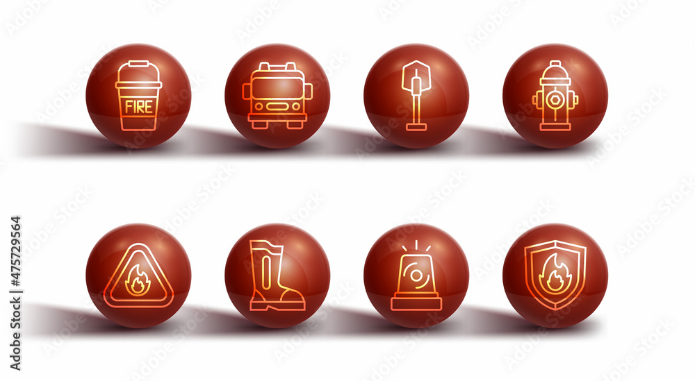 Set line Fire bucket, flame in triangle, hydrant, Flasher siren, boots, truck, protection shield and shovel icon. Vector Set line Fire bucket, flame in triangle, hydrant, Flasher siren, boots, truck, protection shield and shovel icon. Vector