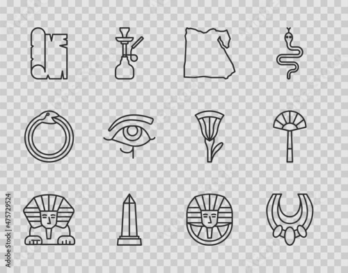 Obraz na plátně Set line Sphinx, Egyptian necklace, Map of, Obelisk Alexandria, Papyrus scroll, Eye Horus, pharaoh and fan icon