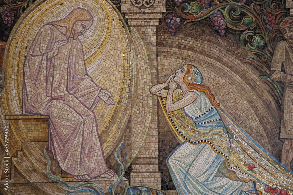 Art Deco Mosaic Detail at the Entrance of the Petrus en Pauluskerk Church in Amsterdam Depicting Christ and Mary Magdalene, Netherlands