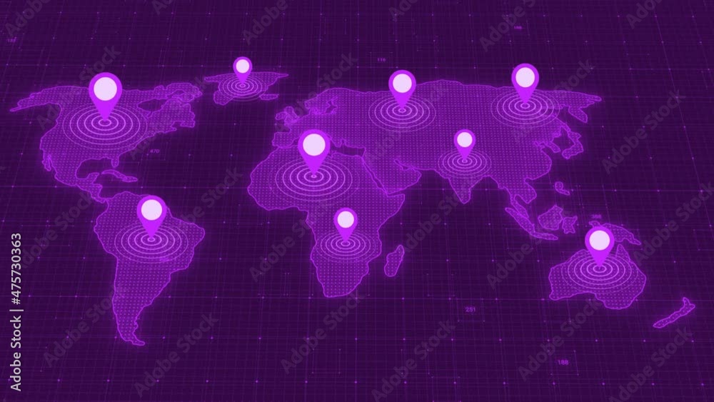 GPS location tracker animation, purple color world map location tracking animation Stock Video