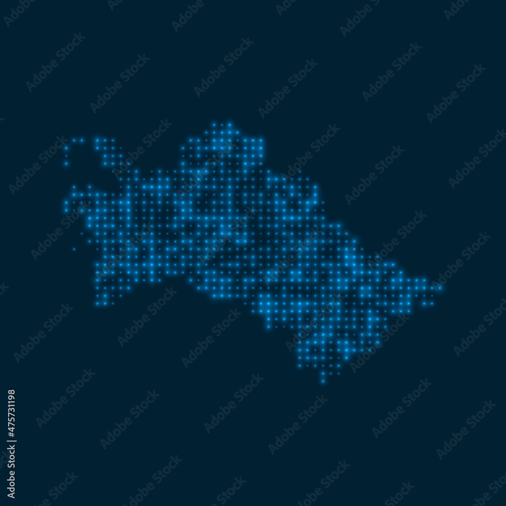 Turkmenistan dotted glowing map. Shape of the country with blue bright bulbs. Vector illustration.