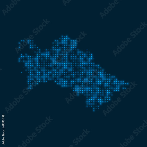 Turkmenistan dotted glowing map. Shape of the country with blue bright bulbs. Vector illustration.