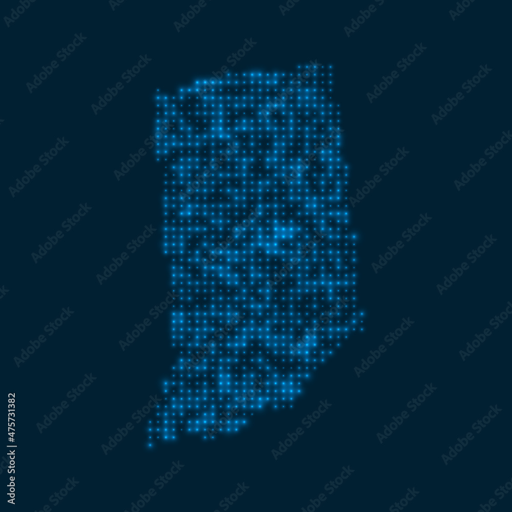 Indiana dotted glowing map. Shape of the us state with blue bright bulbs. Vector illustration.
