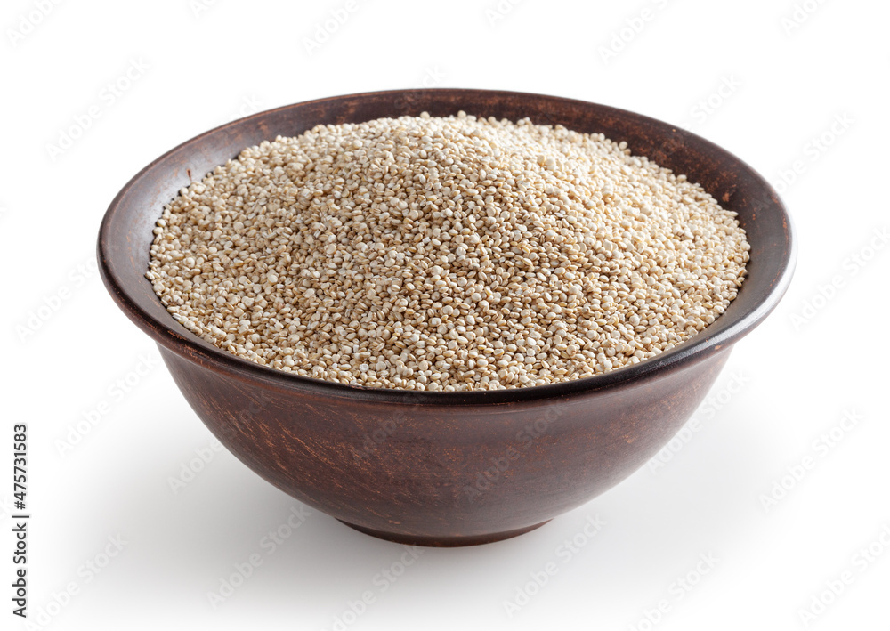 Dried white quinoa seeds in ceramic bowl isolated on white background with clipping path Dried white quinoa seeds in ceramic bowl isolated on white background with clipping path