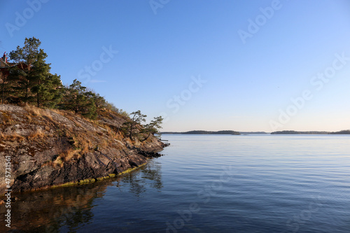 Rocky landscape looking out onto the islands of the Stockholm archipelago, Sweden.