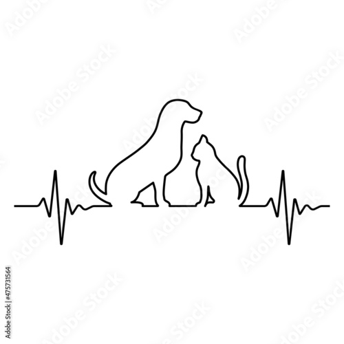 Line illustration of the pulse with dog and cat on white background