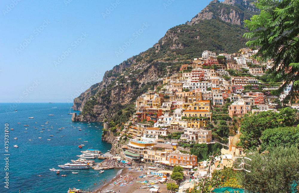 Shot of the vibrant and colourful tiered houses of Positano, the Amalfi coast, Italy.