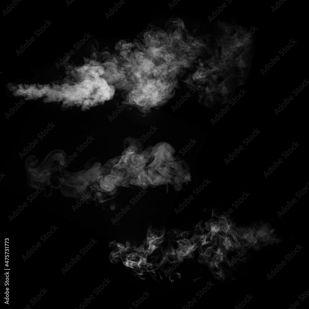 White smoke collection on black background. Fog or smoke set isolated on black background. White cloudiness, mist or smog background. White smoke collection on black background. Fog or smoke set isolated on black background. White cloudiness, mist or smog background.