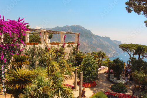 Beautiful Italian garden in Ravello, overlooking the Amalfi coastline, Italy.