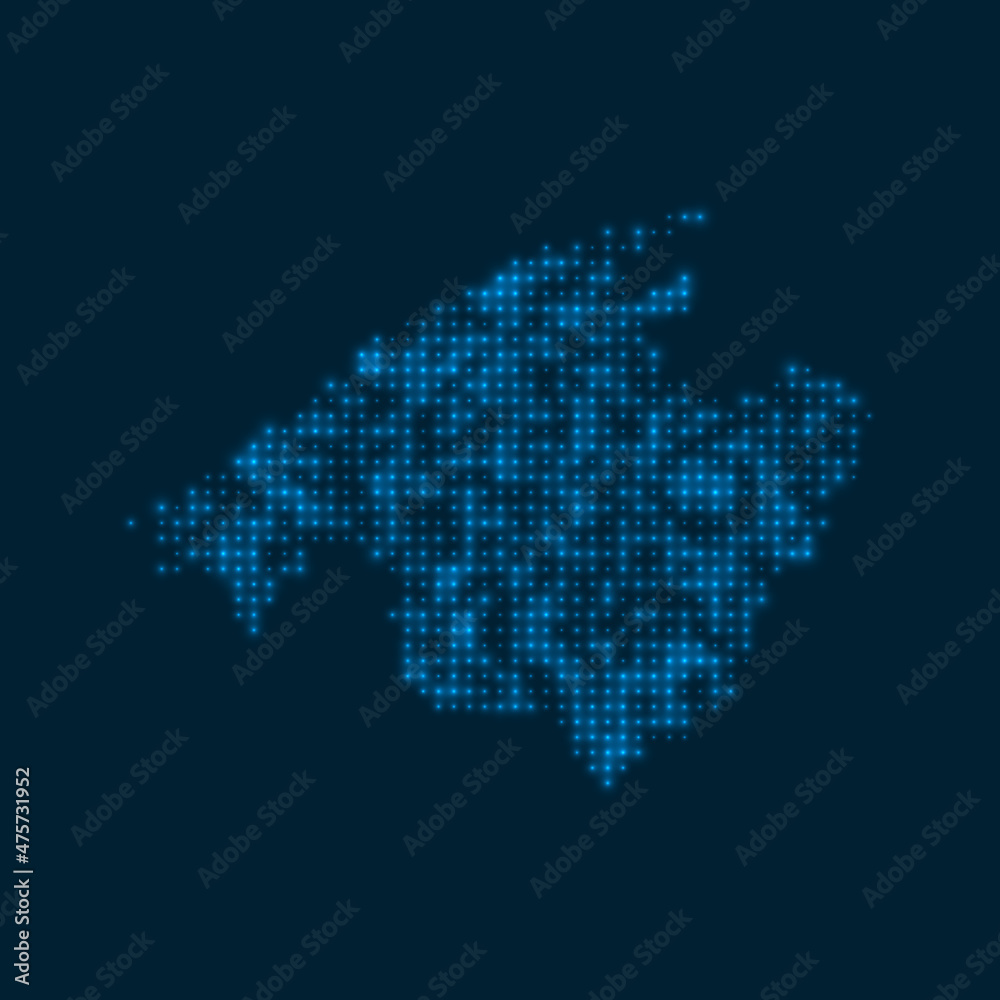 Majorca dotted glowing map. Shape of the island with blue bright bulbs. Vector illustration.