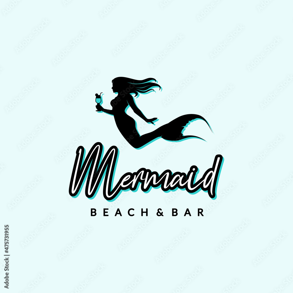 Naklejka premium Silhouette Beautifull Mermaid with drink glass for Cafe Bar Logo design