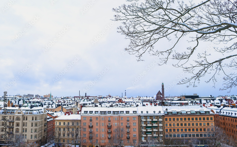 View of the snowy Stockholm skyline and buildings, taken from a local park, Sweden.