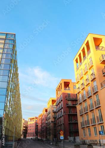Canvas Print Row of vibrant, colourful apartment buildings in Östermalm, Stockholm, Sweden