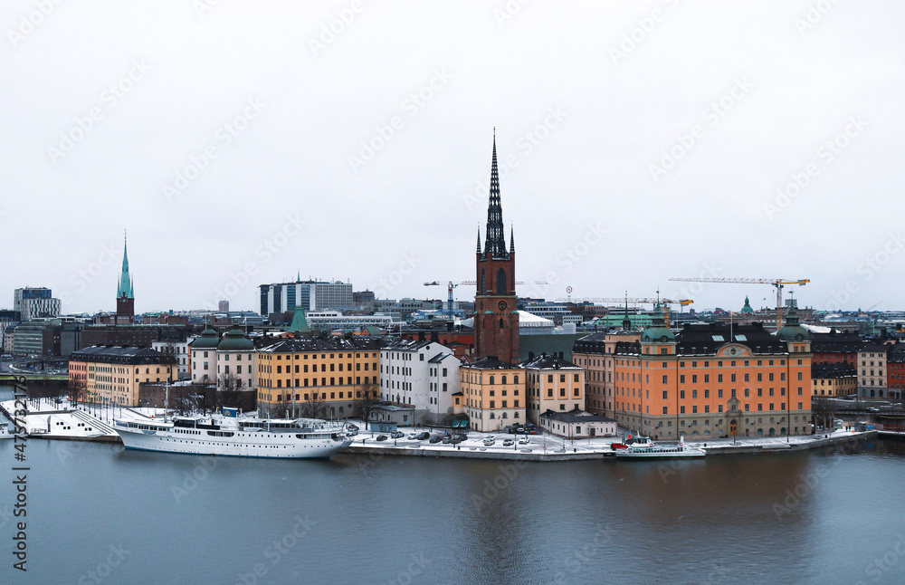 Central Stockholm island in the snow, Sweden.