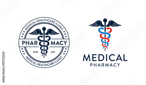 Hermes caduceus snake. Medical health care logo design, stamp emblem badge circular design template photo