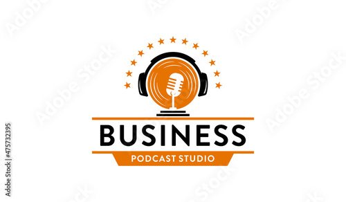 Podcast with earphone. Vintage business podcast logo emblem design template