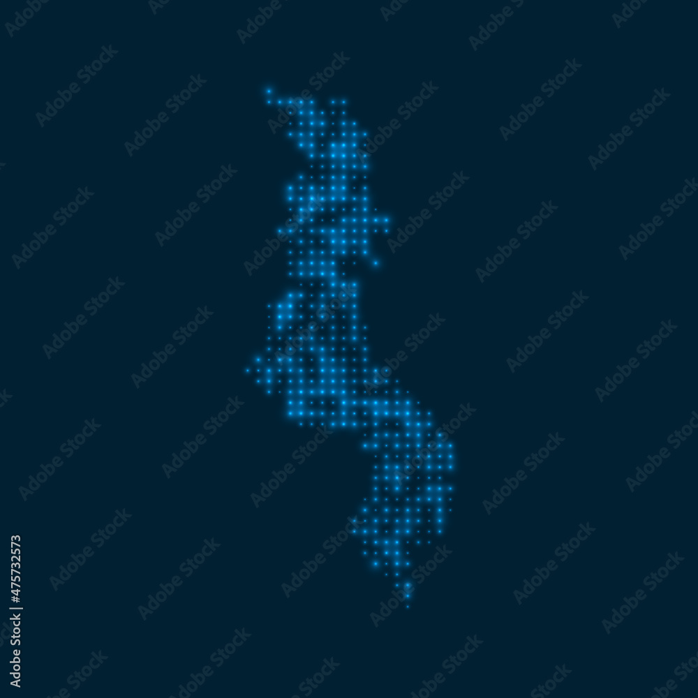 Malawi dotted glowing map. Shape of the country with blue bright bulbs. Vector illustration.