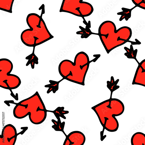 a pattern of a red heart pierced by an arrow. seamless pattern of a bright red heart painted in doodle style with a sterlet inside  chaotically on white for a Valentine s day design template