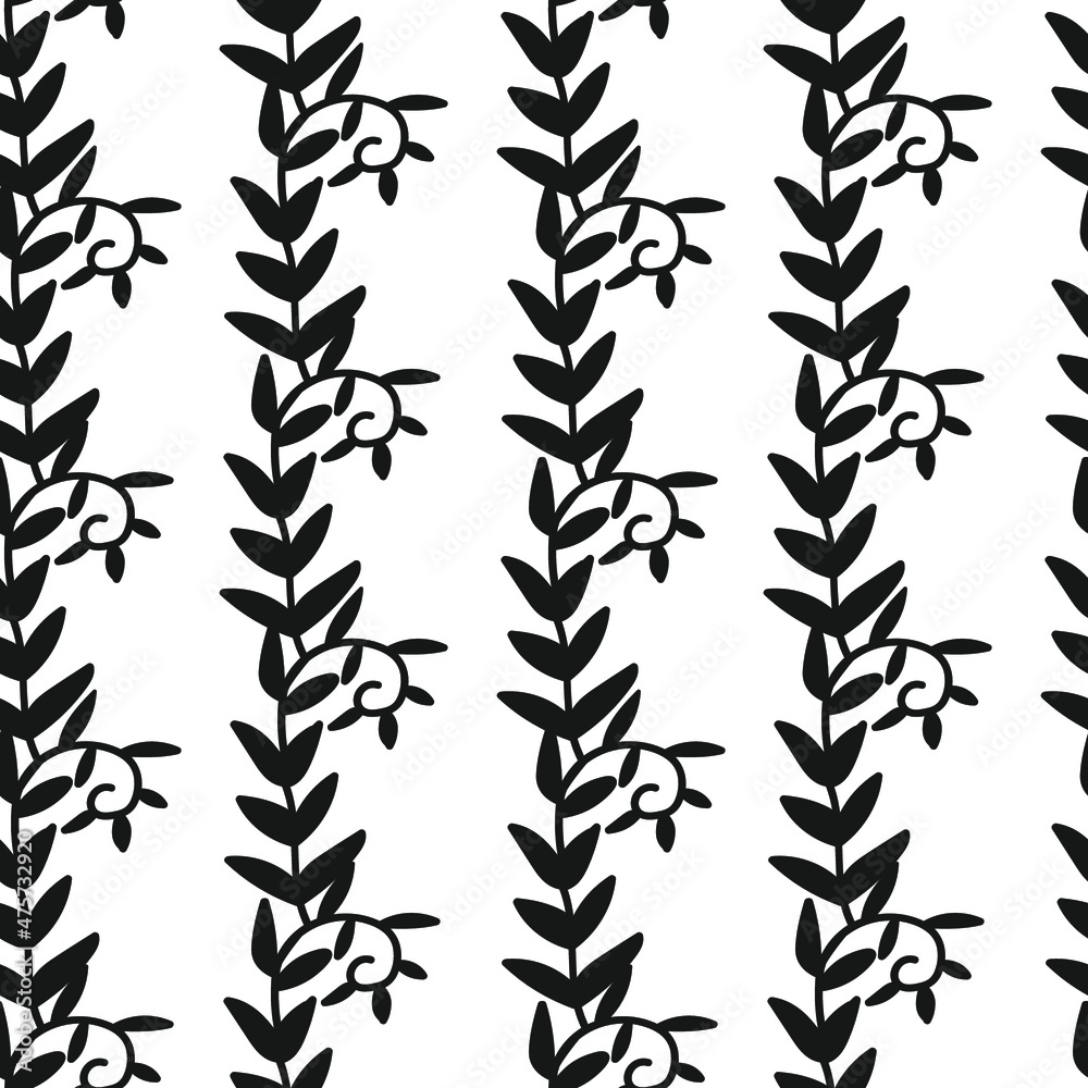 Fototapeta premium Seamless vector pattern with gray and black fern illustrations on transparent background. Scandinavian, abstract hand drawn line style print.Design for textile, fabric, wrapping paper,packaging,scrapb