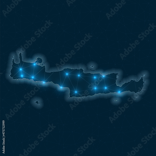 Crete network map. Abstract geometric map of the island. Digital connections and telecommunication design. Glowing internet network. Cool vector illustration.
