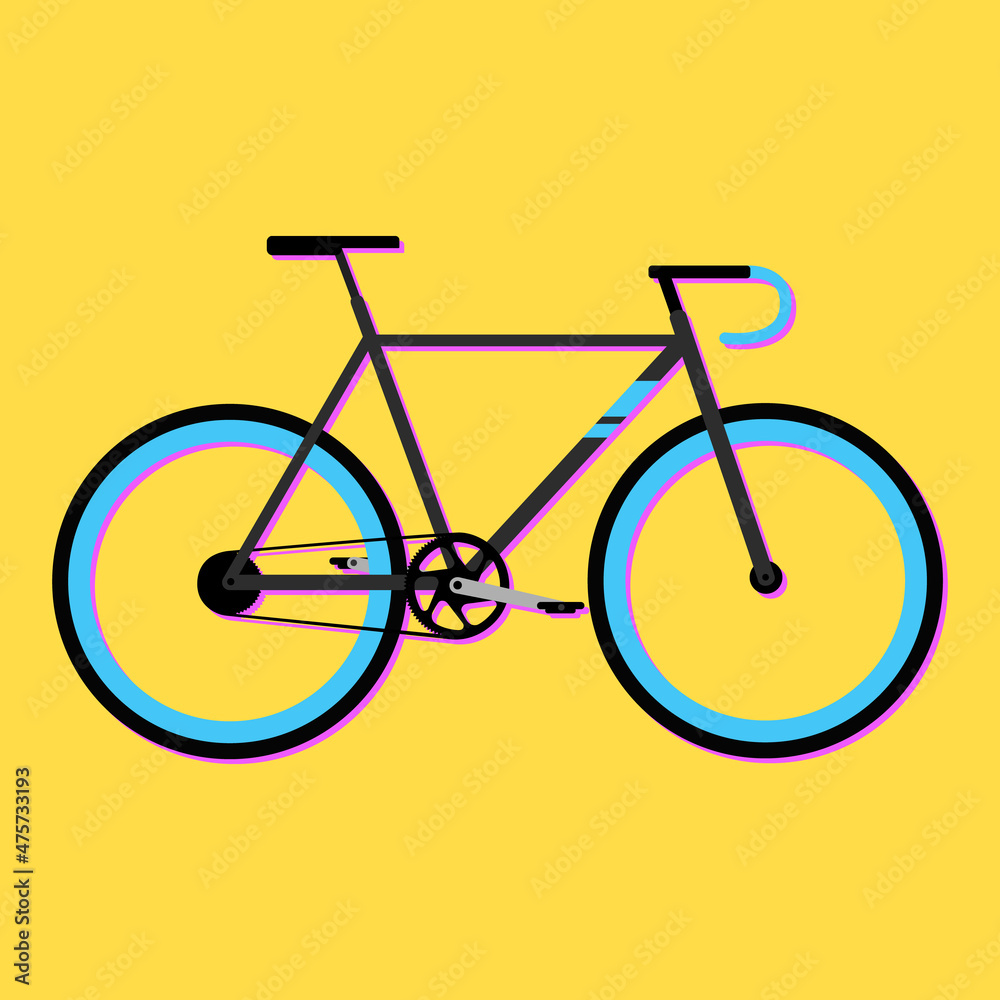Bicycle icon, minimalistic vector illustration. Black sports bike with blue elements and purple shadow isolated on yellow background. Bicycle icon, minimalistic vector illustration. Black sports bike with blue elements and purple shadow isolated on yellow background.