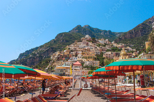 View from the beach of sunny Positano, on the Amalfi coast, Italy.