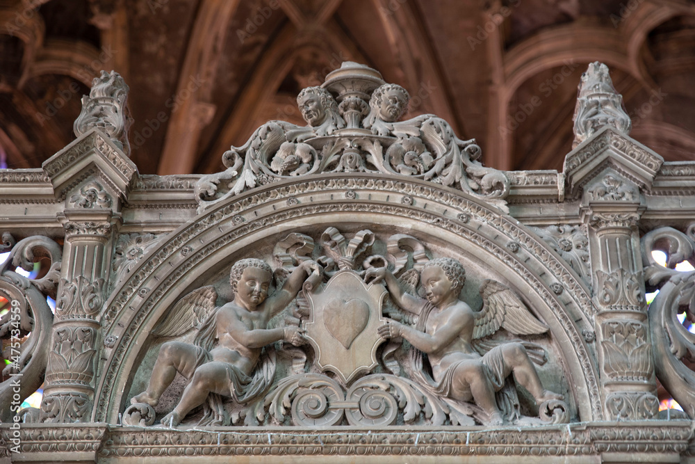 Detail of the stone carvings inside the cathedral of the city of Dieppe in France