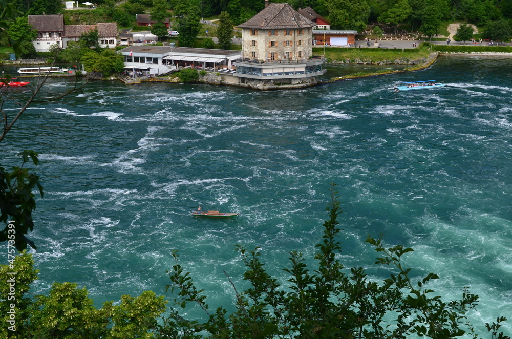 Rzeka Ren przy wodospadach Rheinfall - obrazy, fototapety, plakaty 