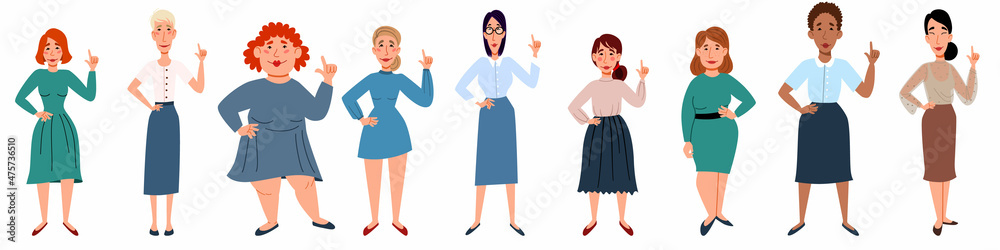 A set of positive multinational female characters of different shapes in different clothes. Vector illustration in a flat style, isolated on a white background.