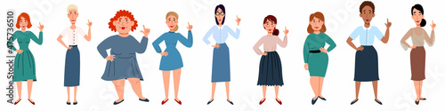 A set of positive multinational female characters of different shapes in different clothes. Vector illustration in a flat style, isolated on a white background.
