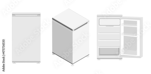 White mini realistic fridge refrigerator in three views on a white background. Open or closed door isolated refrigerator vector for kitchen and restaurant designs.