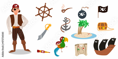 A set of pirate items. a pirate character in a suit, in a bandana and with an eye patch. vector illustration of a pirate sailor isolated on a white background