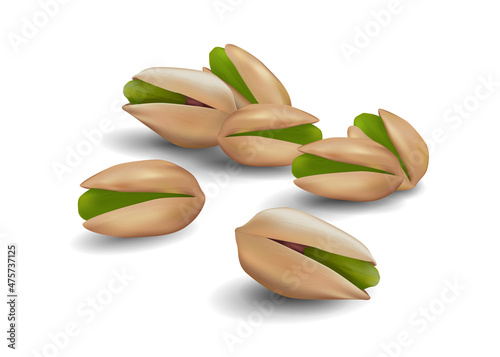 Vector realistic illustration of pistachio nuts isolated on a white background. 3D icon set with shadows