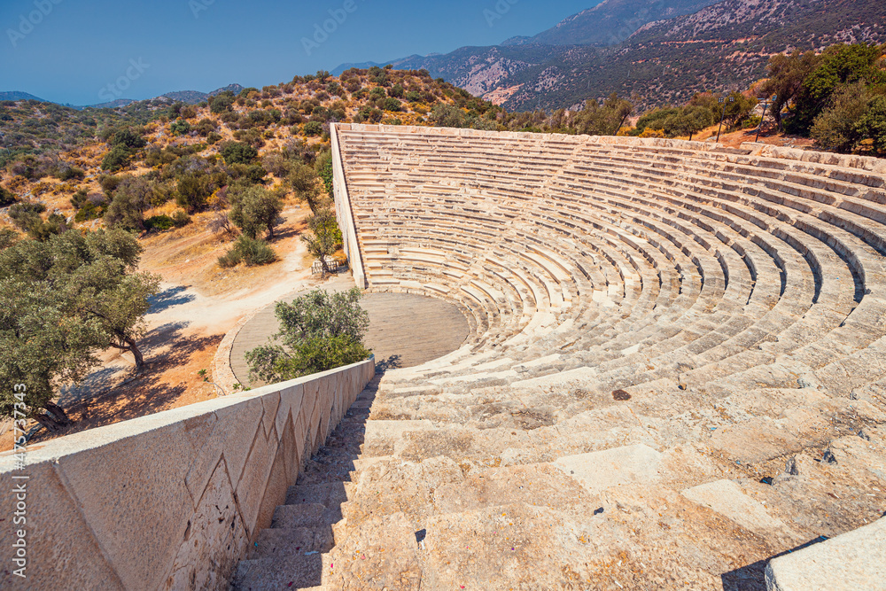Antiphellos ancient Greek amphitheater as the main tourist attraction in Turkish city of Kas on the Mediterranean coast
