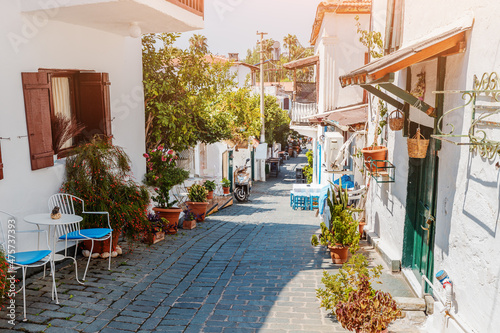 Narrow romantic streets of the resort and tourist town of Kas with Greek-style whitewashed houses