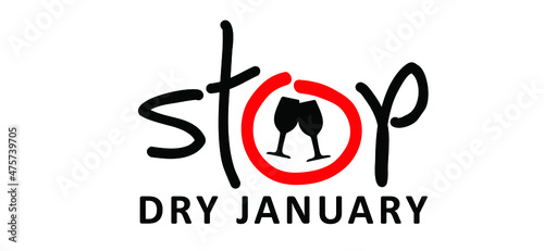 No alcohol during in janyari. Slogan dry january. Alcohol free month. Stop drinking or alcohols. Vector wine glass icon. Line pattern.