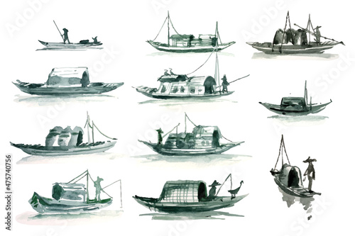 Oriental Chinese Boat Painting Watercolor Collection (Separately Arranged) 4. 