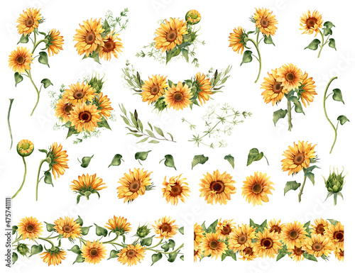 Sunflower clipart. Watercolor floral illustration. Yellow flowers for rustic wedding design, thanksgiving decoration, fabric, greeting cards, ets. Elements isolated on white background