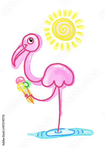 Watercolor Summer Flamingo with Ice-Cream