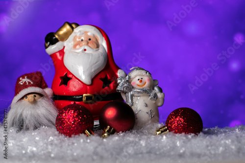 Ceramic Santa Claus statue ,snowman ,gnome figure, christmas tree toys standing on snow 