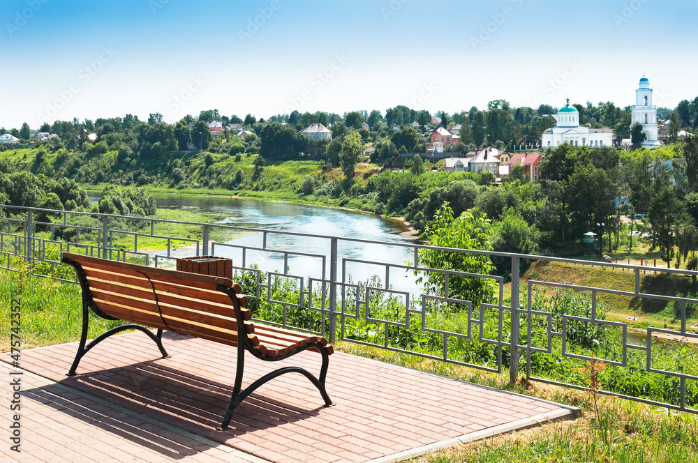 City park with benches on the embankment. Europe, Russia, Rzhev.
