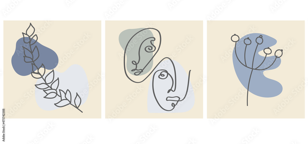 Faces, leave and abstract shapes. Contemporary vector illustrations on color backgrouds. Line, minimalistic elegant concept. Perfect for social media, cards, postcards.