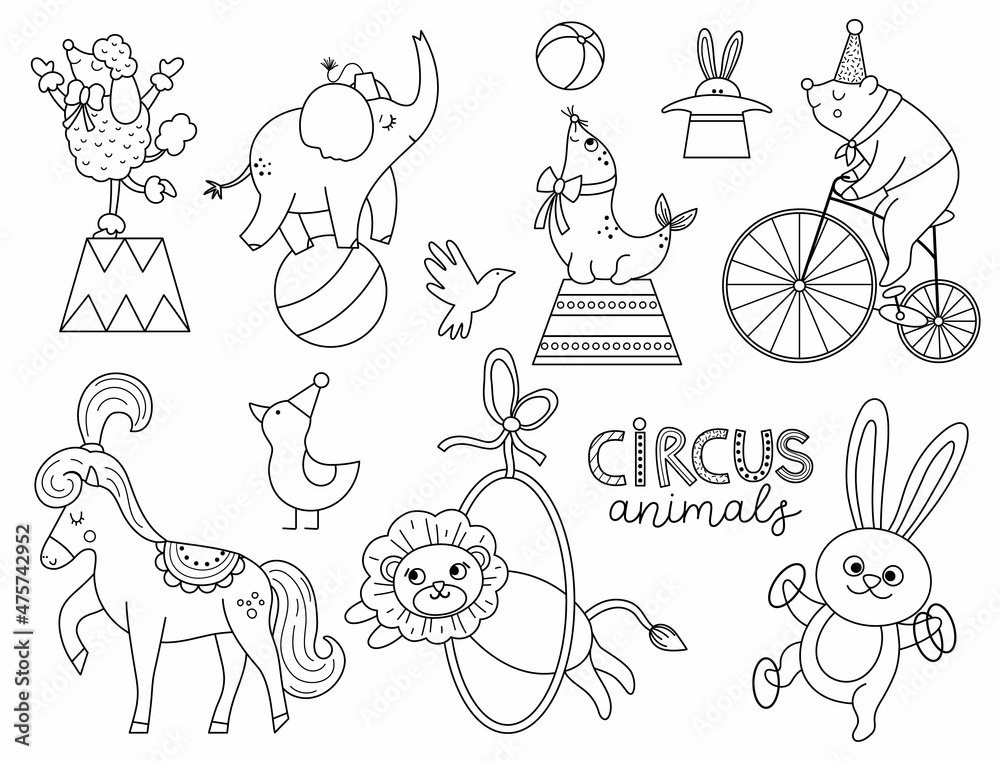 Vector black and white set with circus animals. Amusement holiday line