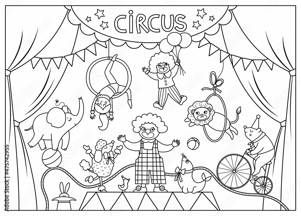 Vector black and white circus stage with curtains, artists, clown