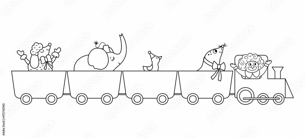 Vector black and white train with circus animals and clown. Amusement holiday line icon. Cute funny festival locomotive with characters. Street show comedians coloring page with elephant.