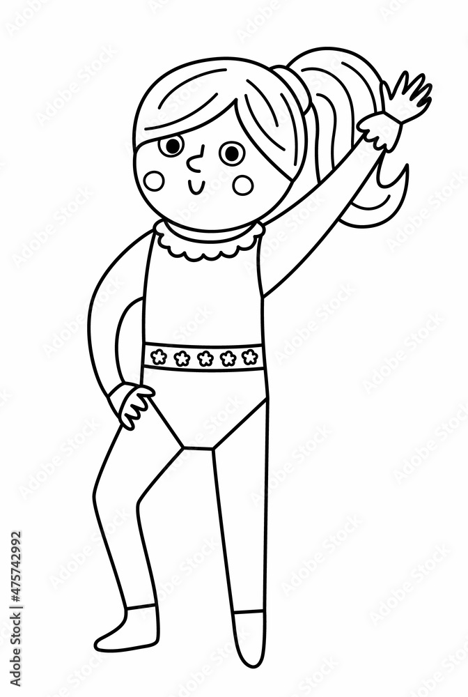 Vector black and white gymnast girl. Cute funny acrobat. Circus or sport artist clipart. Amusement holiday line icon. Festival character illustration or coloring page. Vector black and white gymnast girl. Cute funny acrobat. Circus or sport artist clipart. Amusement holiday line icon. Festival character illustration or coloring page.