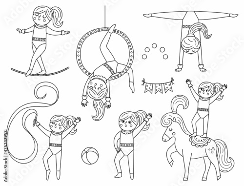 Vector black and white set with gymnast girls with hoop, horse, ribbon. Cute funny acrobat. Circus or sport artist outline clipart. Amusement holiday line icons. Festival characters coloring page.