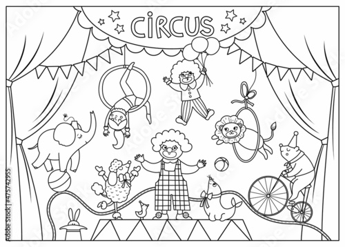 Vector black and white circus stage with curtains, artists, clown, animals. Street show scene with cute characters. Line festival background. Holiday event or entertainment show coloring page.