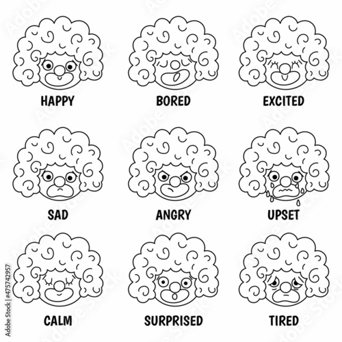 Vector black and white set with clown faces showing feelings and emotions. Circus line artists avatars clipart. Amusement heads icons. Festival characters coloring page. Street show comedians.